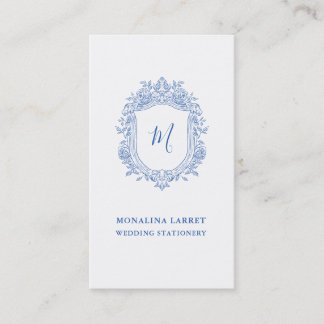 Elegant Ornamental Roses Crest Blue Monogram Business Card