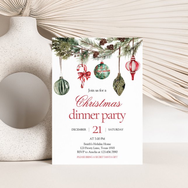 Elegant Ornaments Dinner Christmas Party Invitation (Elegant Red Green Ornaments Dinner Christmas Party Invitation )