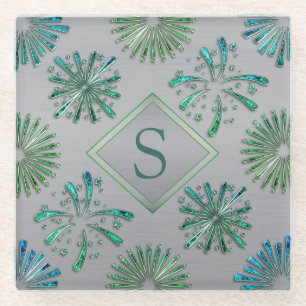 Elegant Ornate Blue Green Pattern Monogram Glass Coaster