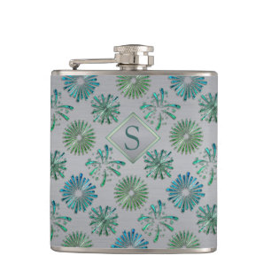 Elegant Ornate Blue Green Pattern Monogram Hip Flask