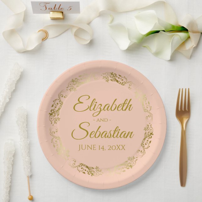 Elegant Ornate Border Coral Peach & Gold Wedding Paper Plate (Wedding)