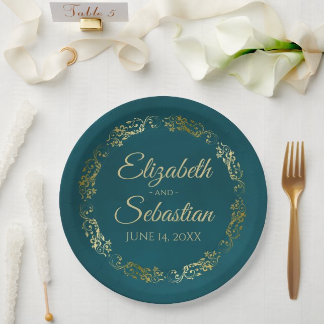 Elegant Ornate Border Dark Teal & Gold Wedding Paper Plate (Wedding)