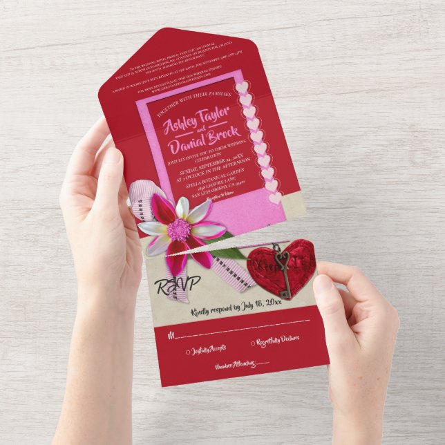 Elegant Ornate Burgundy Classy Romantic Wedding All In One Invitation (Tearaway)