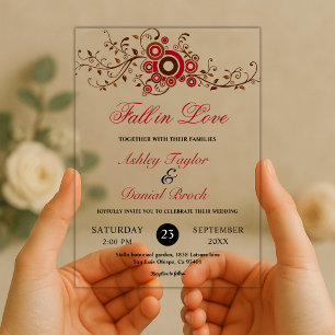 Elegant Ornate Burgundy Leaves Fall Floral Wedding Acrylic Invitations