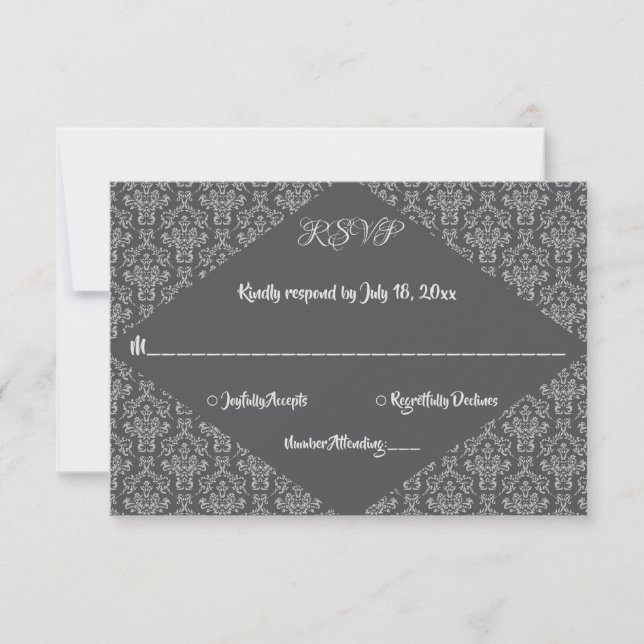 Elegant Ornate Classy Damask Grey Formal Wedding RSVP Card (Front)