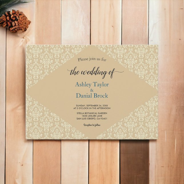 Elegant Ornate Damask Script Beige Classic Wedding Invitation (Creator Uploaded)