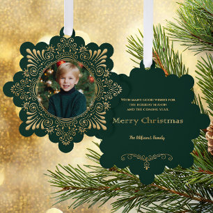 Elegant Ornate Faux Hammered Gold Photo-Green Tree Decoration Card