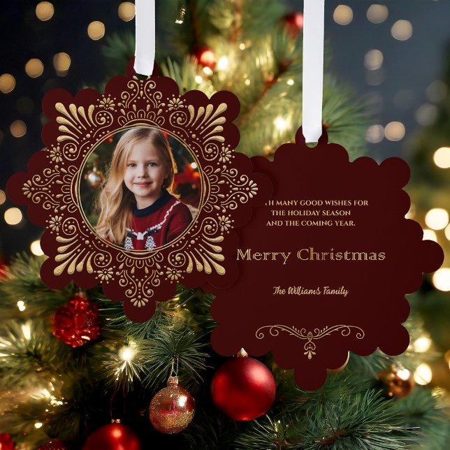 Elegant Ornate Faux Hammered Gold Photo-Red Tree Decoration Card (Creator Uploaded)