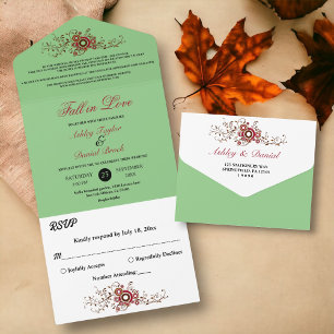 Elegant Ornate Foliage Sage Fall Floral Wedding All In One Invitation