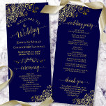 Elegant Ornate Gold and Navy Blue Fancy Wedding Programme<br><div class="desc">This beautiful wedding program features an elegant design with gold text on a navy blue background and lacy golden faux foil curls and swirls in the corners. The titles are written in fancy script calligraphy, and there is space for your ceremony and wedding party details, as well as a short...</div>