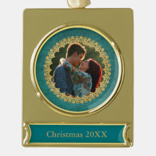 Elegant Ornate Gold and Teal Custom Photo Plated Banner Ornament