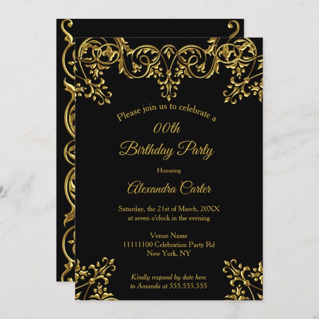 Elegant Ornate Gold Black Birthday Party Invitation (Front/Back)