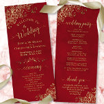 Elegant Ornate Gold Curls on Crimson Red Wedding Programme<br><div class="desc">This beautiful wedding program features an elegant design with gold text on a crimson red background and lacy golden faux foil curls and swirls in the corners. The titles are written in fancy script calligraphy, and there is space for your ceremony and wedding party details, as well as a short...</div>