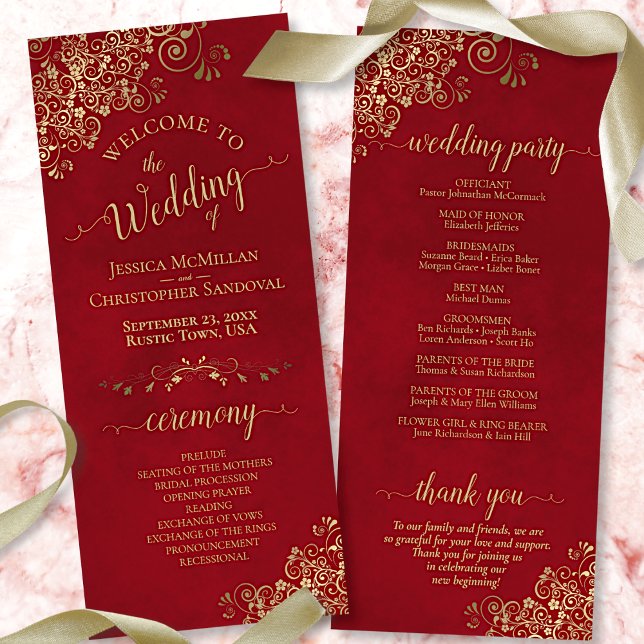 Elegant Ornate Gold Curls on Crimson Red Wedding Programme (Creator Uploaded)