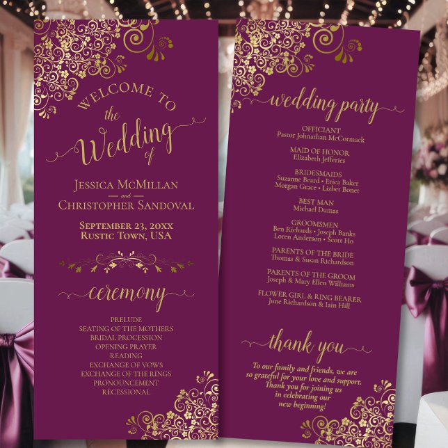 Elegant Ornate Gold Curls on Magenta Plum Wedding Programme (Front/Back)