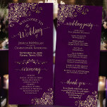 Elegant Ornate Gold Curls on Plum Purple Wedding Programme<br><div class="desc">This beautiful wedding program features an elegant design with gold text on a plum purple background and lacy golden faux foil curls and swirls in the corners. The titles are written in fancy script calligraphy, and there is space for your ceremony and wedding party details, as well as a short...</div>