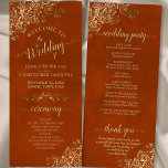 Elegant Ornate Gold Curls on Rust Orange Wedding Programme<br><div class="desc">This beautiful wedding program features an elegant design with gold text on a rust orange or burnt umber coloured background and lacy golden faux foil curls and swirls in the corners. The titles are written in fancy script calligraphy, and there is space for your ceremony and wedding party details, as...</div>
