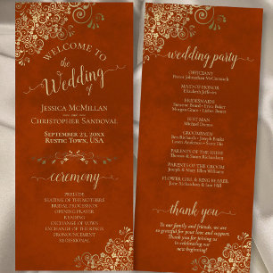 Elegant Ornate Gold Curls on Rust Orange Wedding Programme