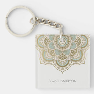 Elegant Ornate Gold Foil Teal Turquoise Mandala  Key Ring