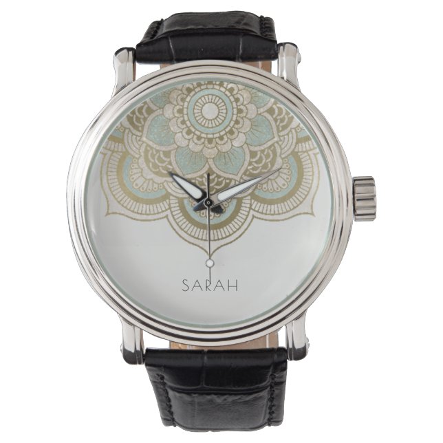 Elegant Ornate Gold Foil Teal Turquoise Mandala Watch (Front)