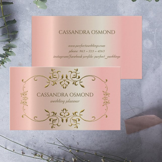 Elegant Ornate Gold Frame On Pink Metallic Business Card (Creator Uploaded)