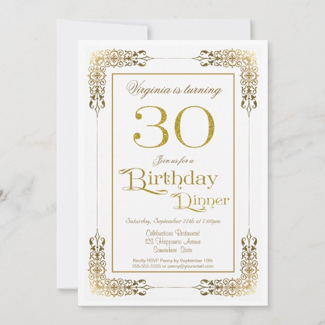 Elegant Ornate Gold Lace 30th Birthday Dinner Invitation (Front)