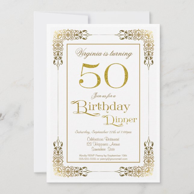 Elegant Ornate Gold Lace 50th Birthday Dinner Invitation (Front)