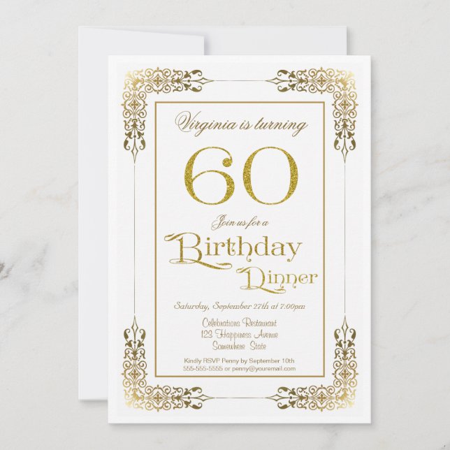 Elegant Ornate Gold Lace 60th Birthday Dinner Invitation (Front)