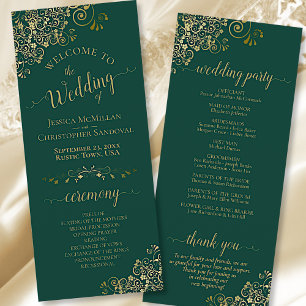 Elegant Ornate Gold Lace on Emerald Green Wedding Programme