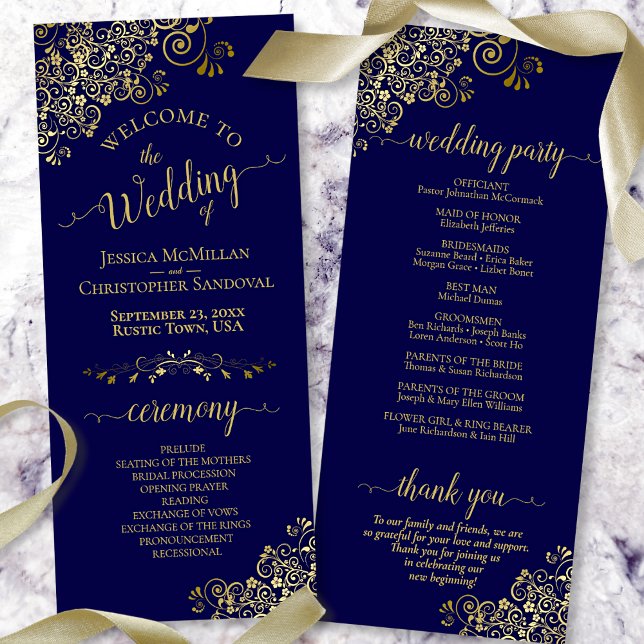 Elegant Ornate Gold Lace on Navy Blue Wedding Programme (Creator Uploaded)