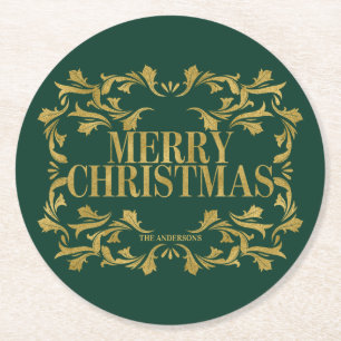 Elegant Ornate Gold Merry Christmas Coasters