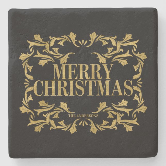 Elegant Ornate Gold Merry Christmas Marble Coaster (Front)