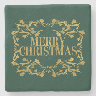 Elegant Ornate Gold Merry Christmas Marble Coaster