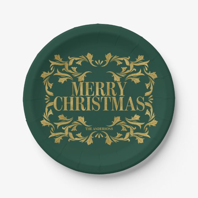 Elegant Ornate Gold Merry Christmas Paper Plate (Front)