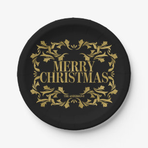 Elegant Ornate Gold Merry Christmas Paper Plate