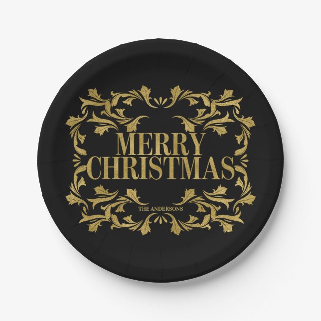 Elegant Ornate Gold Merry Christmas Paper Plate (Front)