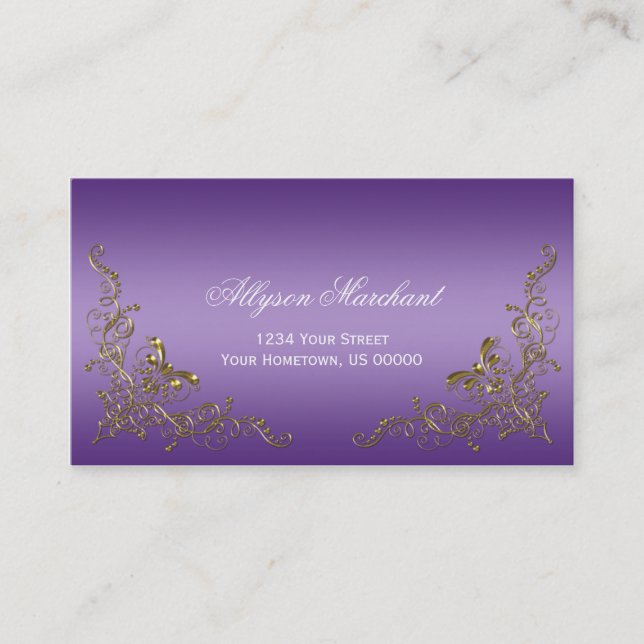 Elegant Ornate Gold Swirls on Purple Ombre Business Card (Front)
