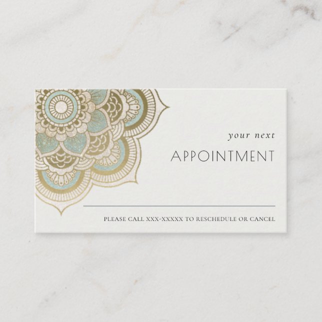 Elegant Ornate Gold Teal Aqua Mandala Appointment  Business Card (Front)