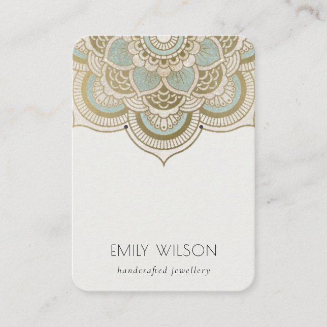 Elegant Ornate Gold Teal Mandala Earring Display Business Card (Front)