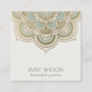 Elegant Ornate Gold Teal Mandala Earring Display Square Business Card