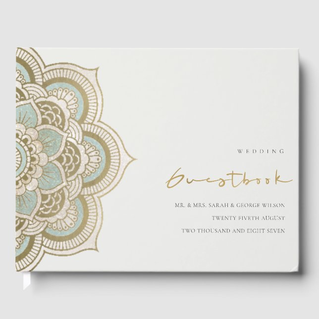 Elegant Ornate Gold Teal Mandala Wedding Guest Book (Front)