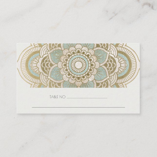 Elegant Ornate Gold Teal Turquoise Mandala Wedding Place Card (Back)