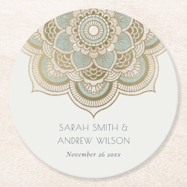 Elegant Ornate Gold Teal Turquoise Mandala Wedding Round Paper Coaster (Front)