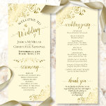 Elegant Ornate Golden Curls on Cream Wedding Programme<br><div class="desc">This beautiful wedding program features an elegant design with gold text on an ivory or cream coloured background and lacy golden faux foil curls and swirls in the corners. The titles are written in fancy script calligraphy, and there is space for your ceremony and wedding party details, as well as...</div>