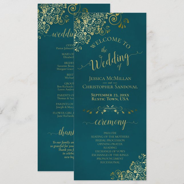 Elegant Ornate Golden Curls on Dark Teal Wedding Programme (Front/Back)