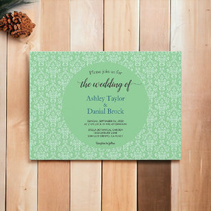 Elegant Ornate Green Damask Modern Formal Wedding Invitation