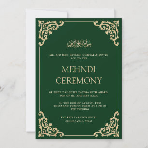 Elegant Ornate Green Gold Henna Mehndi Ceremony Invitation