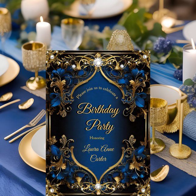 Elegant Ornate Royal Blue Gold Pearl birthday Invitation (Creator Uploaded)