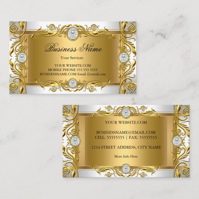 Elegant Ornate Royal Jewel White Golden Gold leaf Business Card (Front/Back)