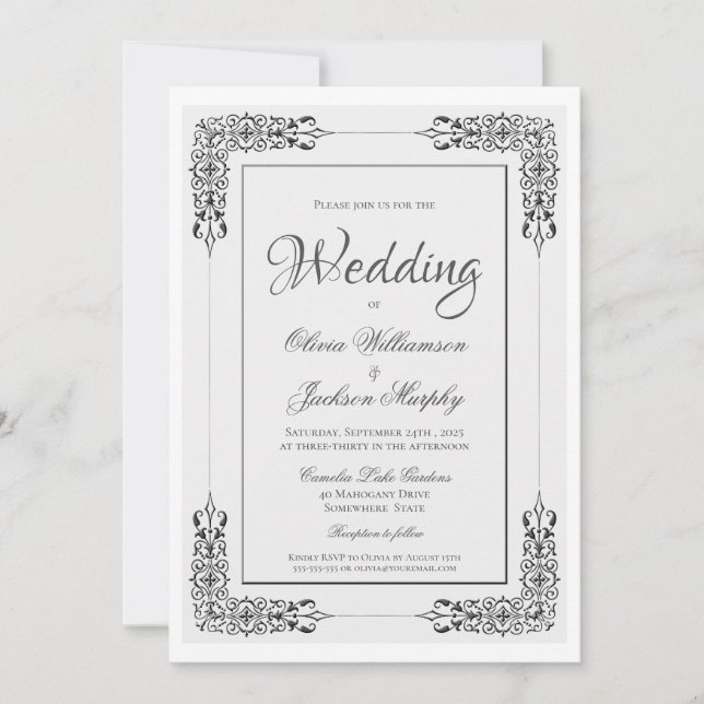 Elegant Ornate Silver Grey and White Lace Wedding Invitation (Front)